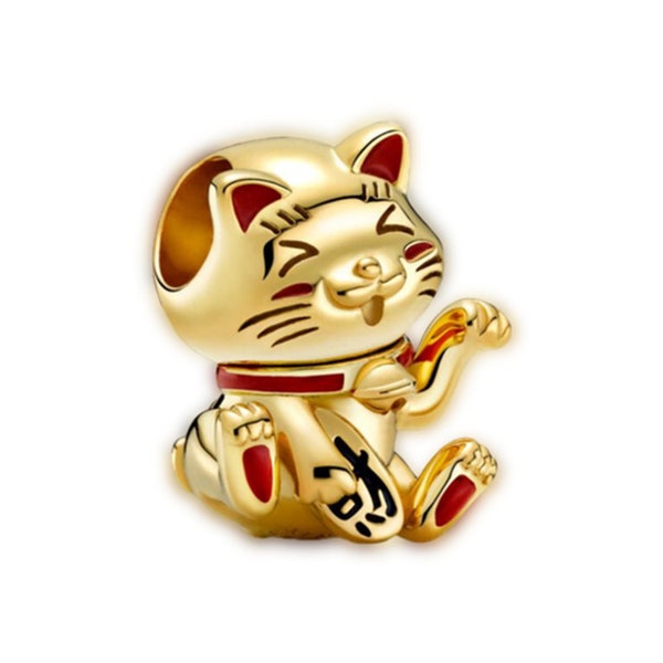 Simpatico ciondolo a forma di gatto della fortuna per collana bracciale Pandora, ciondolo in argento sterling 925 autentico al 100%, regalo di Capodanno