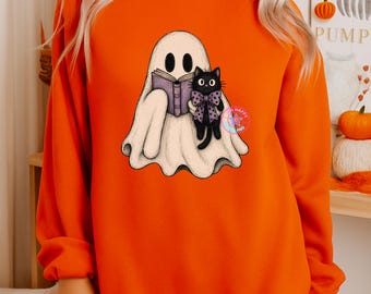 Halloween Black Cat And Ghost Shirt, Spooky Season Cat png, Ghost Reading Book, Cute Ghost Cat png, Funny Halloween png, Cat Lovers Shirt