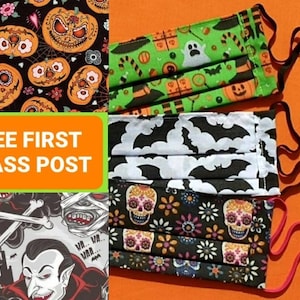 ADULTS, TEENS, CHILDRENS - Halloween Face Masks - Adjustable Elastic Straps - Filter Pocket - 2 Layers - Reusable Halloween Mask
