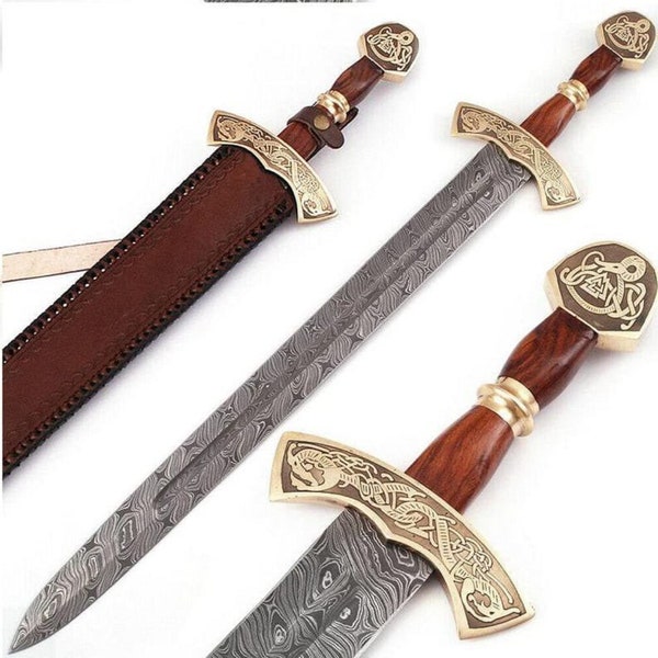 EGKH-Damascus Sword , Viking Sword , Hand Made Damascus Viking Sword , Genuine Leather Scabbard With Shoulder Belt.