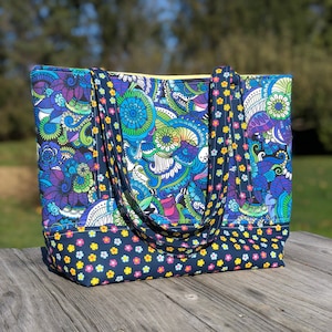 Tote Bag with Pocket, Blue, Unique Fabric