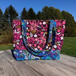 Tote Bag with Pockets, Purple and Blue, Unique Fabric, Purse
