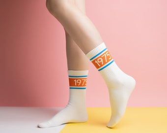 1975 Socks | Number Element | number Theme | Woman Socks | Number socks | White And orange Socks |Colorful Socks | Chic Style | ByMoony