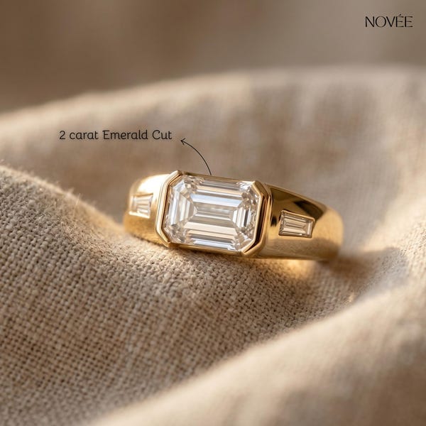 Men's IGI Certified Emerald Cut Lab Diamond Ring • 14k Gold East West Bezel Band
