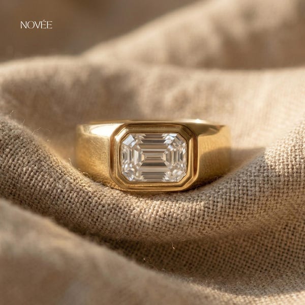 Men's IGI Certified Emerald Cut Lab Diamond Ring • Step Cut Band • Gold Signet Jewelry