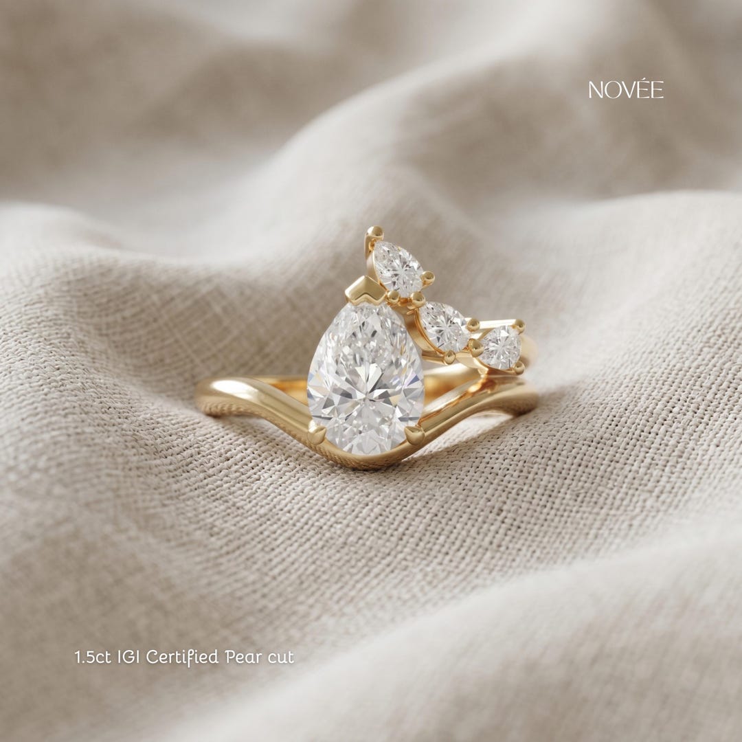 Asymmetric Pear Lab Grown Diamond Ring | 14K Gold Contoured Chevron ...
