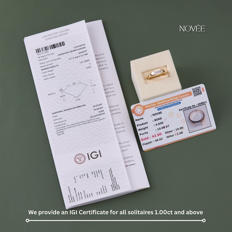 May include: A gold ring with a rectangular diamond is presented in a beige box, alongside an IGI certificate and a purity hallmark certificate. The certificates detail the ring's specifications, including weight and purity.