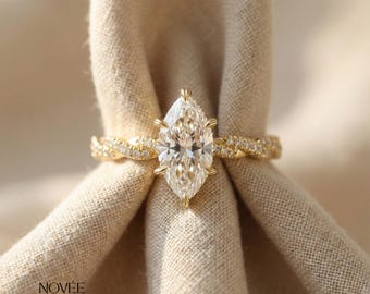 2CT IGI Certified Lab-Grown Marquise Diamond Engagement Ring | 14k Gold Twisted Vine Band