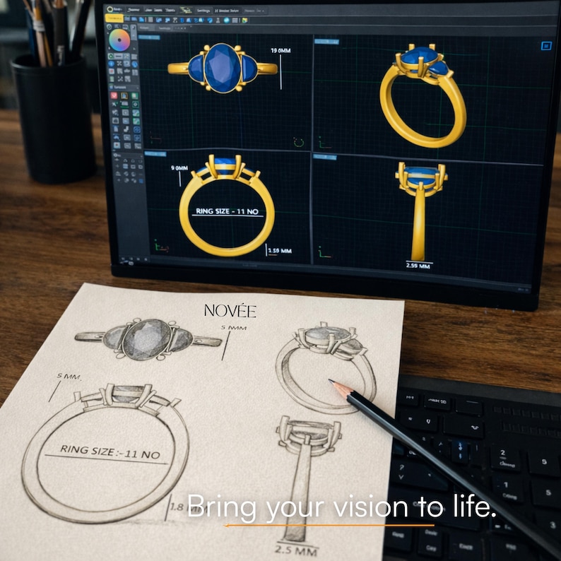 May include: A computer screen shows a 3D design of a gold ring with blue gemstones. A sketch of the ring is on paper, with the text "RING SIZE - 11 NO" and "Bring your vision to life."