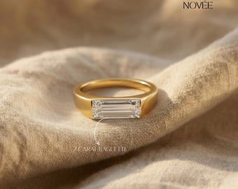 IGI Certified East-West Baguette Diamond Signet Ring, Modern Gold Engagement Band, Unisex Fine Jewelry