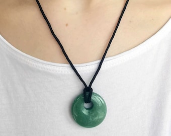 Green Aventurine Donut Pendant Necklace: Adjustable Vegan Cord