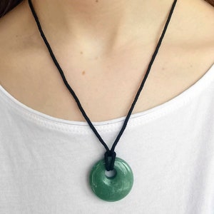 Green Aventurine Donut Pendant Necklace - Gemstone Round Necklace -  Positivity  - Vegan thread adjustable clasp Unisex polished gemstone