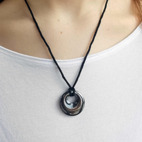 Hematite Donut Pendant Necklace - Gemstone Round Necklace - Stone for the mind - Vegan thread adjustable clasp Unisex polished gemstone