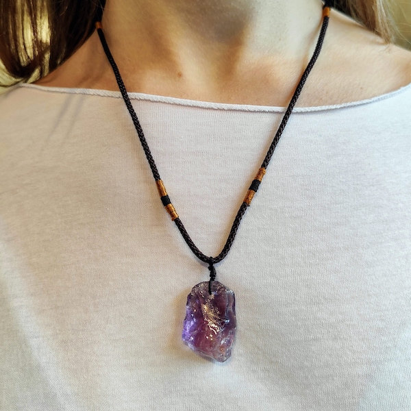 Raw Amethyst Pendant Necklace - Adjustable length - Stone of comfort and protection unpolished amethyst healing gemstone jewellery