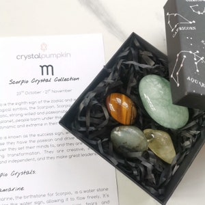 Ensemble de cristaux du zodiaque Scorpion : aigue-marine, citrine, pierre de lune, oeil de tigre