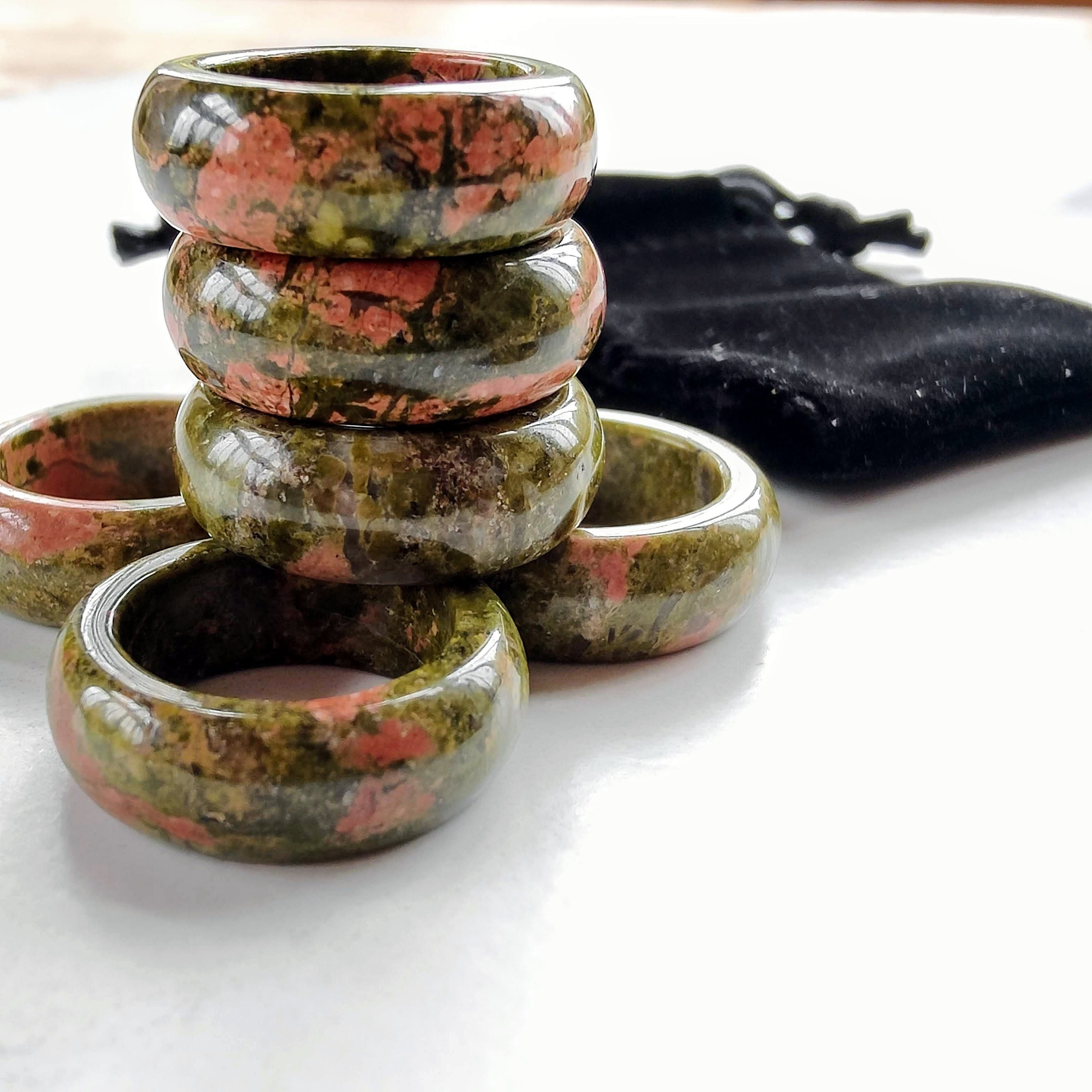 Bague Réglable En Jaspe Unakite Naturelle - Pierre Verte Et Rose, Acier Inoxydable, Neuve