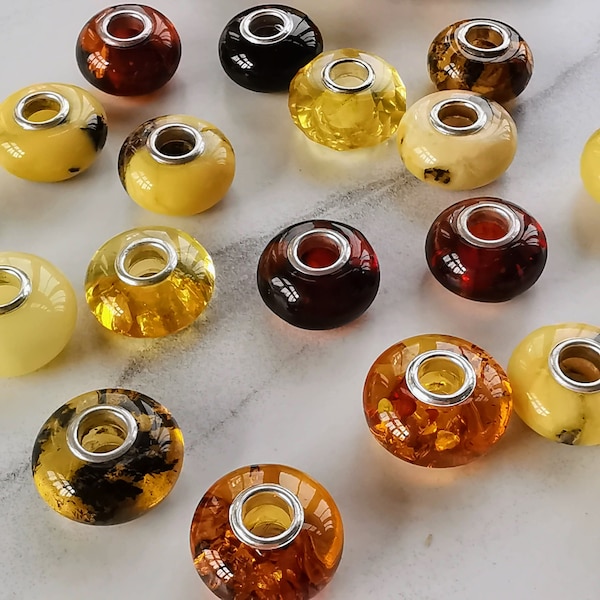 Baltic Amber Charm Beads - Pandora Style Beads for Bracelets pure silver and Baltic amber in choice of colours. Troll Beads Charms Necklace