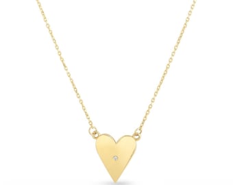 14k Solid Yellow Gold & Round Cut Diamond Elongated Heart Necklace. Adjustable chain 16"-18" with spring ring clasp, Trending Necklace