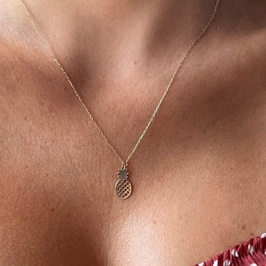 14K Solid Yellow Gold Adjustable Mini Pineapple Necklace 16&quot;-18&quot; Adjustable Chain
