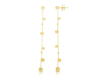14K Solid Yellow Gold Dangling Drop Bead Earrings, Shiny Dangle Ball Studs, Multi Beaded Earrings
