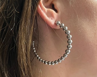 Sterling Silver 45mm Graduated Bead Large Hoop Earrings, Ball Hoop Earrings, Fancy Hoops, Bridal Gift for her