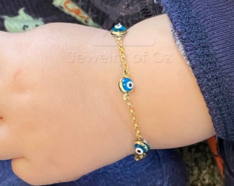 14k Solid Gold Rolo Link Evil Eye Baby Bracelet | Bracelet for Kids