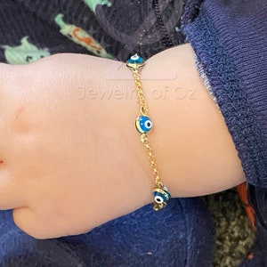 14k Solid Gold Evil Eye Bracelet for Children | Baby&#39;s, Infant, Toddler & Kids 5.5&quot; Inch Protection Bracelet w/Secure Lobster Clasp