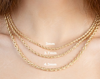 14k Solid Yellow Gold Silk Rope Chain or Bracelet, 3mm, 3.7mm, 4.3mm from 7"-24", High Polish Pendant Chain, Elegant Gift, Real Gold