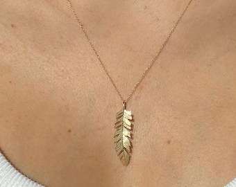 14k Solid Yellow Gold Eagles Feather Necklace, 16", 18" Cable Chain & Diamond Cut Laying Necklace, Feather Pendant, Real Gold, Gift for her