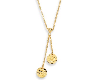 14K Solid Yellow Gold 17" Double Hammered Disc Circle Lariat Necklace, Rolo Chain, Bridal Gift for her,