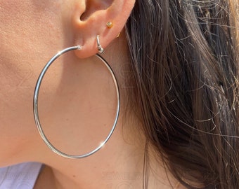 14k Solid White Gold Large Hoop Earrings, 60mm Hoops, Womens Hoops, White Gold Hoops, Big Hoops, Gift for her, Birthday,