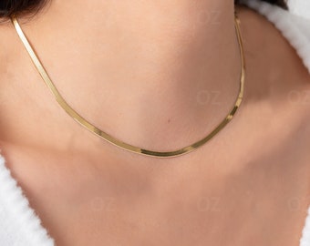 14K Solid Yellow Gold 3mm Herringbone Necklace | 16", 18", 20", 20", 24" | Womens Herringbone Necklace,
