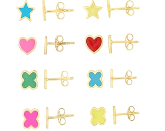 14k Solid Gold Enamel Colored Stud Earrings, Children's Earrings, Toddlers Earrings, Studs for Kids, Best Selling Kids Earrings, Heart, Star