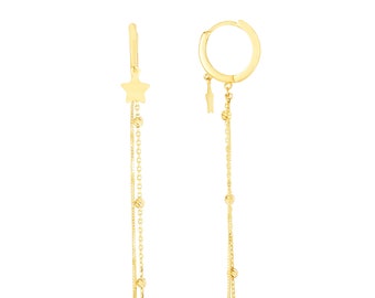 14k Solid Gold Endless Hoop Earrings with Star, Long Dangle Drop Chandelier Style Hoops, Best Seller, On Sale, Gift, Gentle Dangle
