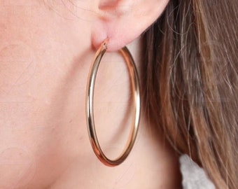 3mm Thick Classic Gold Hoops, 14k Solid Yellow Gold Everyday Big Hoop Earrings - Gifts for her 50mm