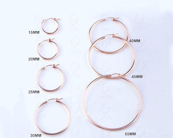 14k Solid Rose Gold Hoop Earrings, 2mm Thick, Various Sizes