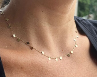 14k Solid Gelbgold Drop Stern Link-Halskette mit verstellbarer 16 "- 18" Federring Kette, Stern Halskette, baumeln Stern Kette,