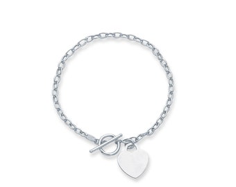 14k Solid White Gold Personalized Heart Charm Toggle Bracelet, 7.5" Dangle Heart Bracelet, Engravable Heart Name Bracelet, Heart Tag Charm