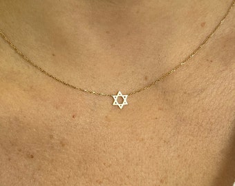 14k Solid Yellow Gold Star of David Necklace, Mini Star of David Necklace, Magen David Chain, Israel Necklace, Jewish Star Necklace 16", 18"