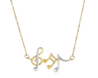 Girls Two Tone 14k Yellow & White Gold 17" Music Notes Necklace / Musician Musical Note Pendant and Charm Chain