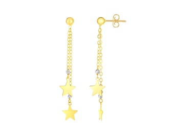 14k Solid Yellow & White Gold Dangle Stars Earrings, Double Strand Drop Earrings, Women's Star Earrings