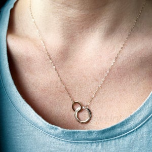 14K Yellow Gold Eternity Necklace, Double Circle Necklace,  Interlocked Pendant Adjustable Necklace 16&quot; , 18&quot;, Dainty Minimalist Necklace,