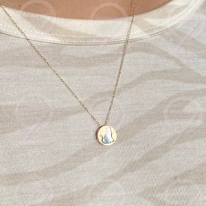 14k Solid Yellow Gold Mother of Pearl Engravable Cat Pendant Necklace,  Personalized Cat Charm w/Adjustable 16&quot;-18&quot; Chain, Gift for her