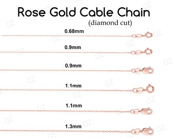 14K Solid Rose Gold Diamond Cut Cable Link Chain Necklace, 16" 18" 20" Inch, 0.6mm 0.9mm 1.1mm 1.3mm Rose Gold Necklace for Pendant, Gift