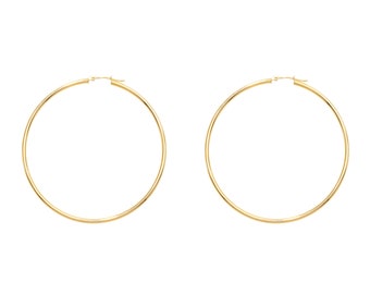 14k Solid Yellow Gold Statement Hoops, 2x60mm Large Gold Hoops, Round Hoop Earrings w/Hatch Clasp, Real Gold Hoops, Fashion Hoops