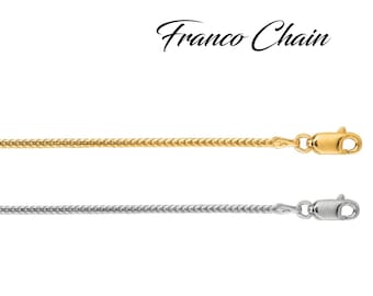 18k Solid Gold Franco Link Necklace, 1.6mm Chain in White/Yellow Gold, High Polished Franco Chain, Necklace for Pendants, 18", 20", 24"