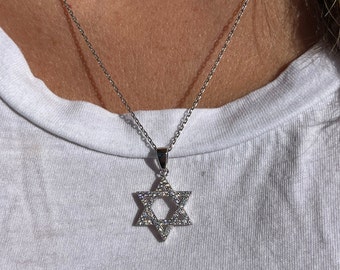 Sterling Silver Star of David CZ Necklace, Magen David Pendant with 18" Chain, CZ Star of David Charm