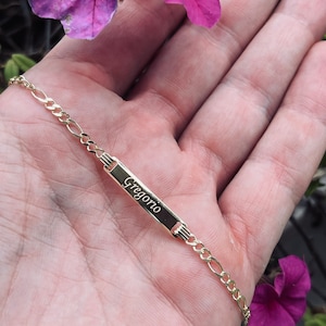 14K Yellow Gold Engraveable Children&#39;s Figaro Bracelet, Bar Bracelet Name Plate for Kids 6&quot;, Kids ID bracelet, childrens engraved bracelet,