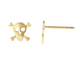 14k Yellow Gold Skeleton Earrings, Skull and Bones Studs, High Polished Shiny Stud Earrings, Cool Gift, Women's Studs,