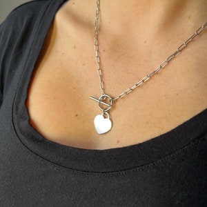 Sterling Silver Paperclip Link Toggle Necklace with Heart, 18&quot;, High Polished Necklace w/Rhodium Plating